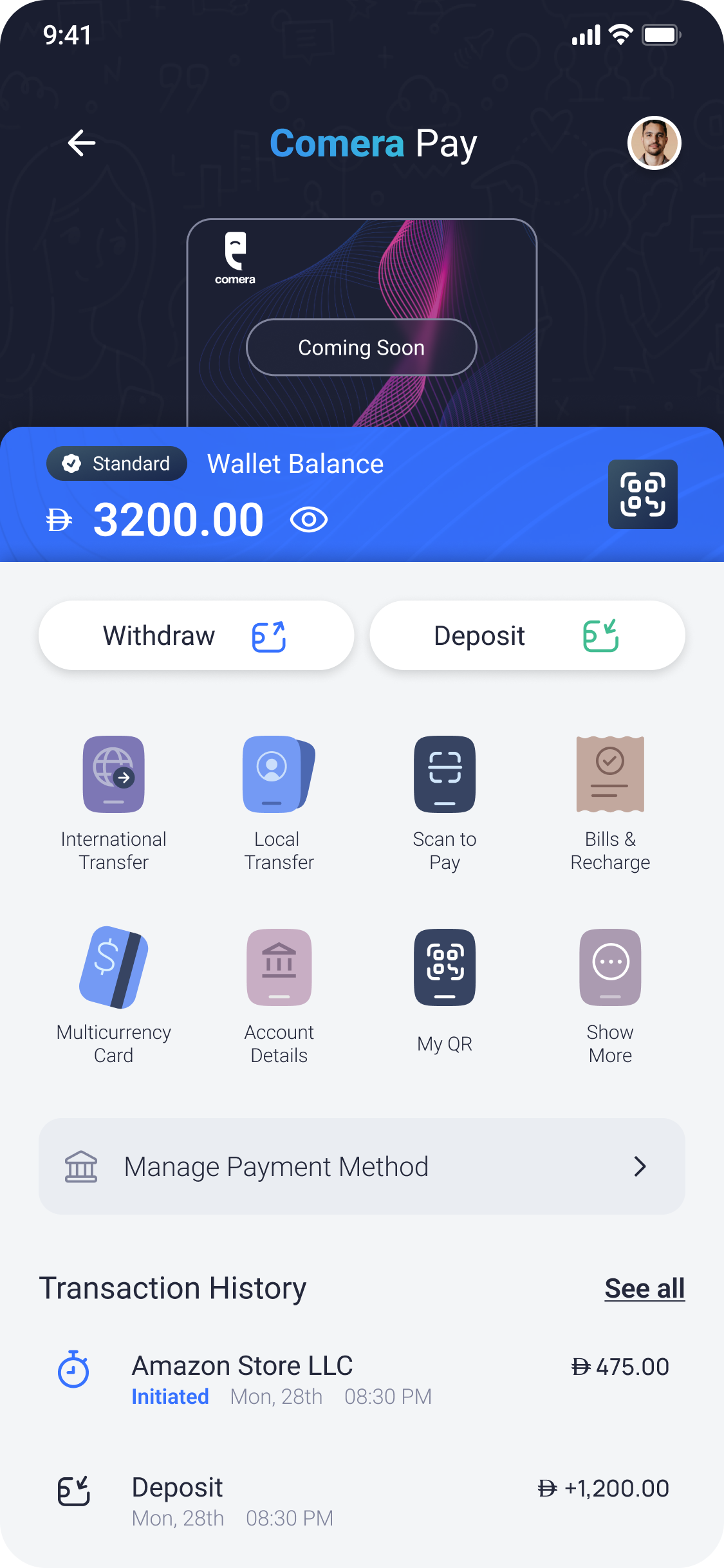Comera Pay active wallet home